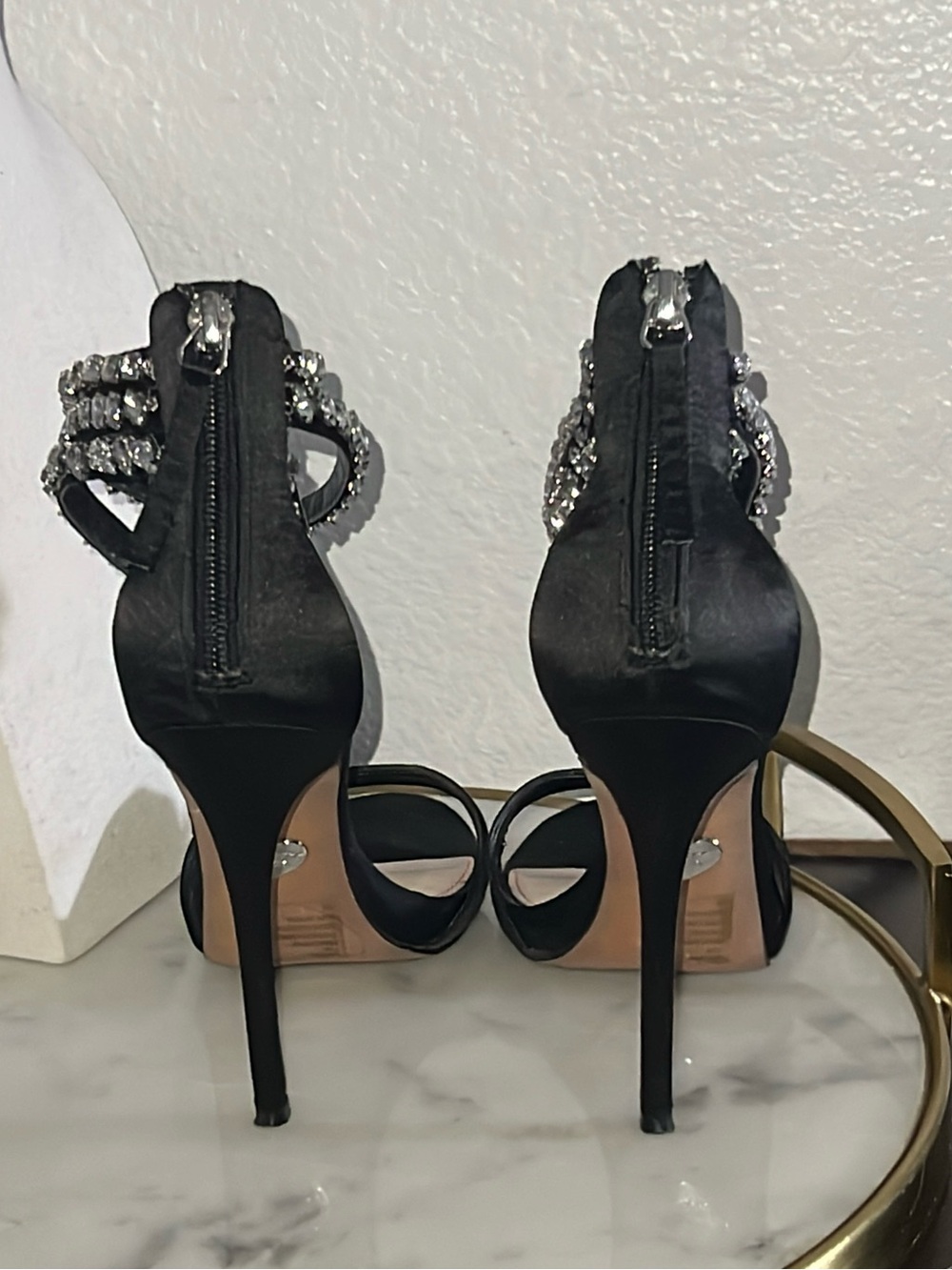 Betsy Johnson rhinestone black satin stiletto sandal ankle strap 7.5 - Picture 6 of 11